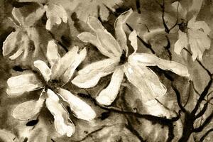 Obraz rozkvitnutý akvarelový strom v sépiovom prevedení