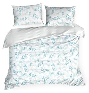 Biele posteľné obliečky s motívom listov v tykysovej farbe Tyrkysová