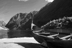 Obraz drevená vikingská loď v čiernobielom prevedení