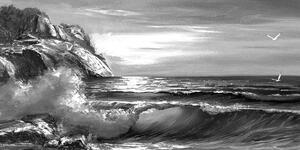 Obraz morské vlny na pobreží v čiernobielom prevedení