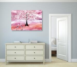 Obraz volavky pod magickým stromom v ružovom prevedení
