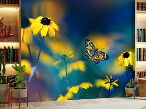 Fototapeta - Žlté kvety s motýľom (147x102 cm)