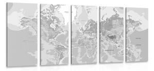 5-dielny obraz klasická mapa sveta v čiernobielom prevedení