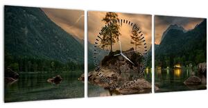 Obraz - jazero v horách (s hodinami) (90x30 cm)