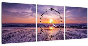 Obraz pláže - západ slnka (s hodinami) (90x30 cm)