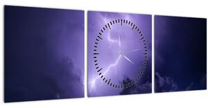 Obraz - fialová obloha a blesk (s hodinami) (90x30 cm)