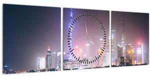 Obraz nočného Šanghaja (s hodinami) (90x30 cm)