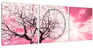 Ružový obraz stromu (s hodinami) (90x30 cm)