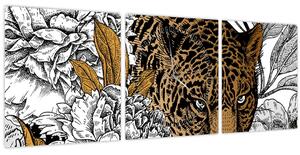 Obraz - Leopard medzi kvetmi (s hodinami) (90x30 cm)