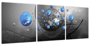 Obraz modrých abstraktných gulí (s hodinami) (90x30 cm)