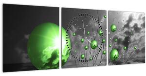 Obraz zelených abstraktných gulí (s hodinami) (90x30 cm)
