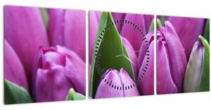 Obraz - kvety tulipánov (s hodinami) (90x30 cm)