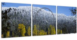 Obraz - zasnežené hory v zime (s hodinami) (90x30 cm)
