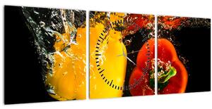 Obraz - papriky vo vode (s hodinami) (90x30 cm)
