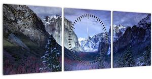 Obraz zimnej horskej krajiny (s hodinami) (90x30 cm)