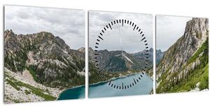 Obraz jazera v horách (s hodinami) (90x30 cm)