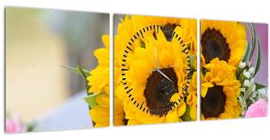 Obraz svadobnej kytice zo slnečníc (s hodinami) (90x30 cm)