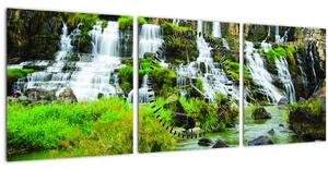 Obraz - vodopády so zeleňou (s hodinami) (90x30 cm)
