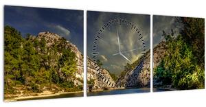 Obraz krajiny s jazerom (s hodinami) (90x30 cm)