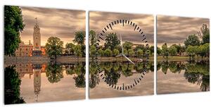 Obraz jazera a stromov (s hodinami) (90x30 cm)