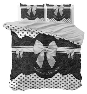 Krásne bielo čierne bavlnené posteĺné obliečky s mašľou 200 x 220 cm Čierna