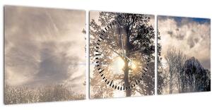 Obraz stromu v hmle (s hodinami) (90x30 cm)