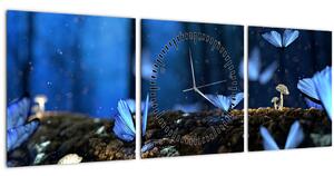 Obraz modrých motýľov (s hodinami) (90x30 cm)
