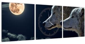 Obraz vlkov vyjúcich na mesiac (s hodinami) (90x30 cm)
