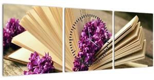 Obraz knihy a fialovej kvetiny (s hodinami) (90x30 cm)