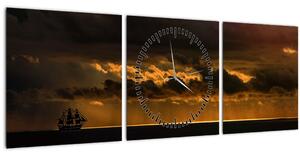 Obraz plachetnice pri západe slnka (s hodinami) (90x30 cm)