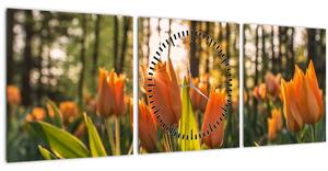 Obraz - oranžové tulipány (s hodinami) (90x30 cm)