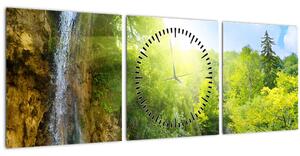 Obraz - vodopády v pralese (s hodinami) (90x30 cm)