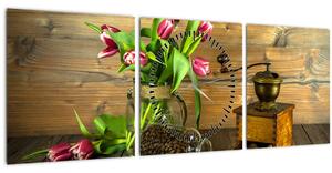 Obraz - tulipány, mlynček a káva (s hodinami) (90x30 cm)
