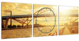 Obraz mosta pri západe slnka (s hodinami) (90x30 cm)
