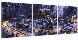 Obraz - horské zimné mestečko (s hodinami) (90x30 cm)