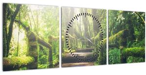 Obraz - drevené schody v lese (s hodinami) (90x30 cm)