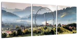 Obraz - dedinka v hmle (s hodinami) (90x30 cm)