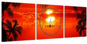 Obraz - západ slnka s lietadlom (s hodinami) (90x30 cm)