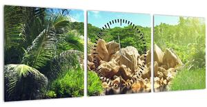 Obraz jazera v Seychelskej džungli (s hodinami) (90x30 cm)