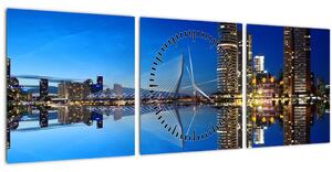 Obraz - nočný Rotterdam (s hodinami) (90x30 cm)