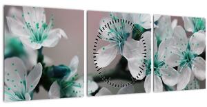 Obraz kvetov - tyrkysové (s hodinami) (90x30 cm)