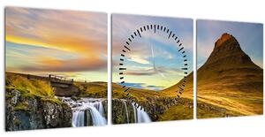Obraz hory a vodopádov na Islande (s hodinami) (90x30 cm)