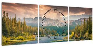 Obraz horskej rieky a hôr (s hodinami) (90x30 cm)