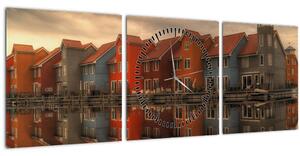 Obraz farebných domčekov (s hodinami) (90x30 cm)