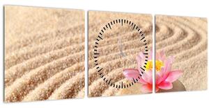 Obraz kameňa s kvetinou na piesku (s hodinami) (90x30 cm)