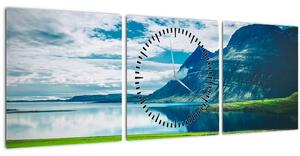 Obraz jazera s horami (s hodinami) (90x30 cm)