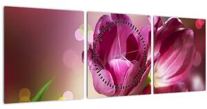 Obraz ružových tulipánov (s hodinami) (90x30 cm)