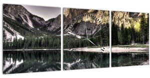 Obraz jazera v horách (s hodinami) (90x30 cm)