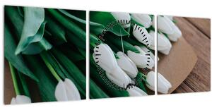 Obraz kytice bielych tulipánov (s hodinami) (90x30 cm)
