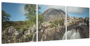 Obraz vodopádov a hory (s hodinami) (90x30 cm)